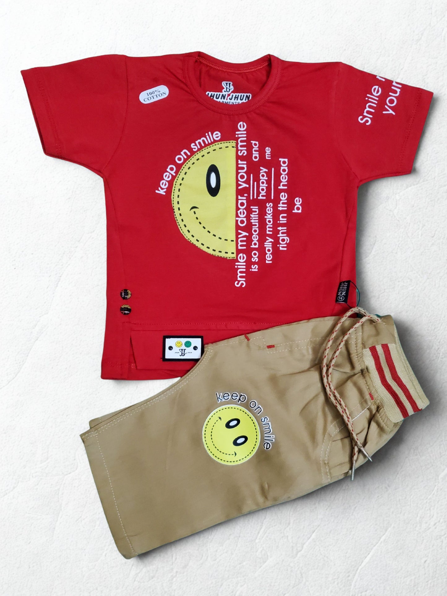 Keep on smile Camel Cotton Short + Red Shirt Set