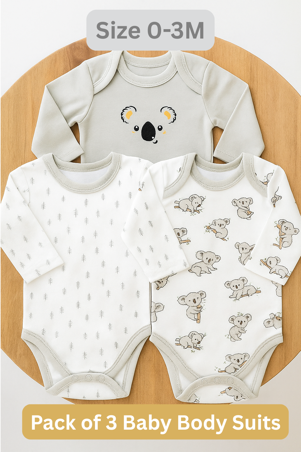 Sunnozy Koala Pack of 3 Body Suit 0-3M GREY - Summer Fabric