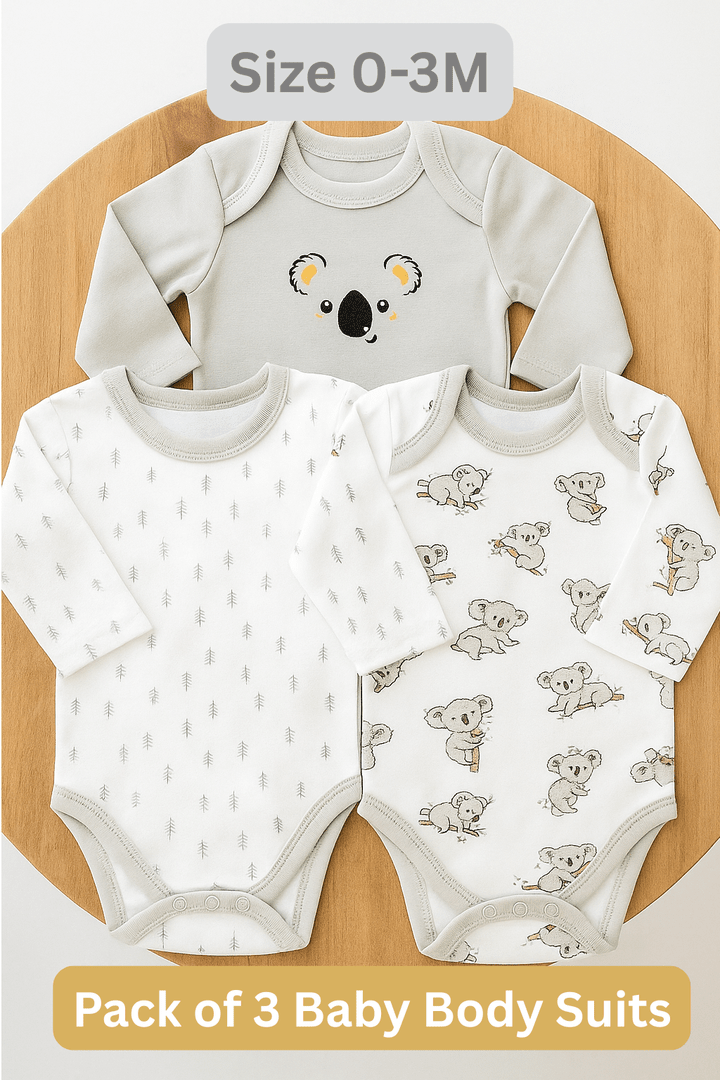Sunnozy Koala Pack of 3 Body Suit 0-3M GREY - Summer Fabric