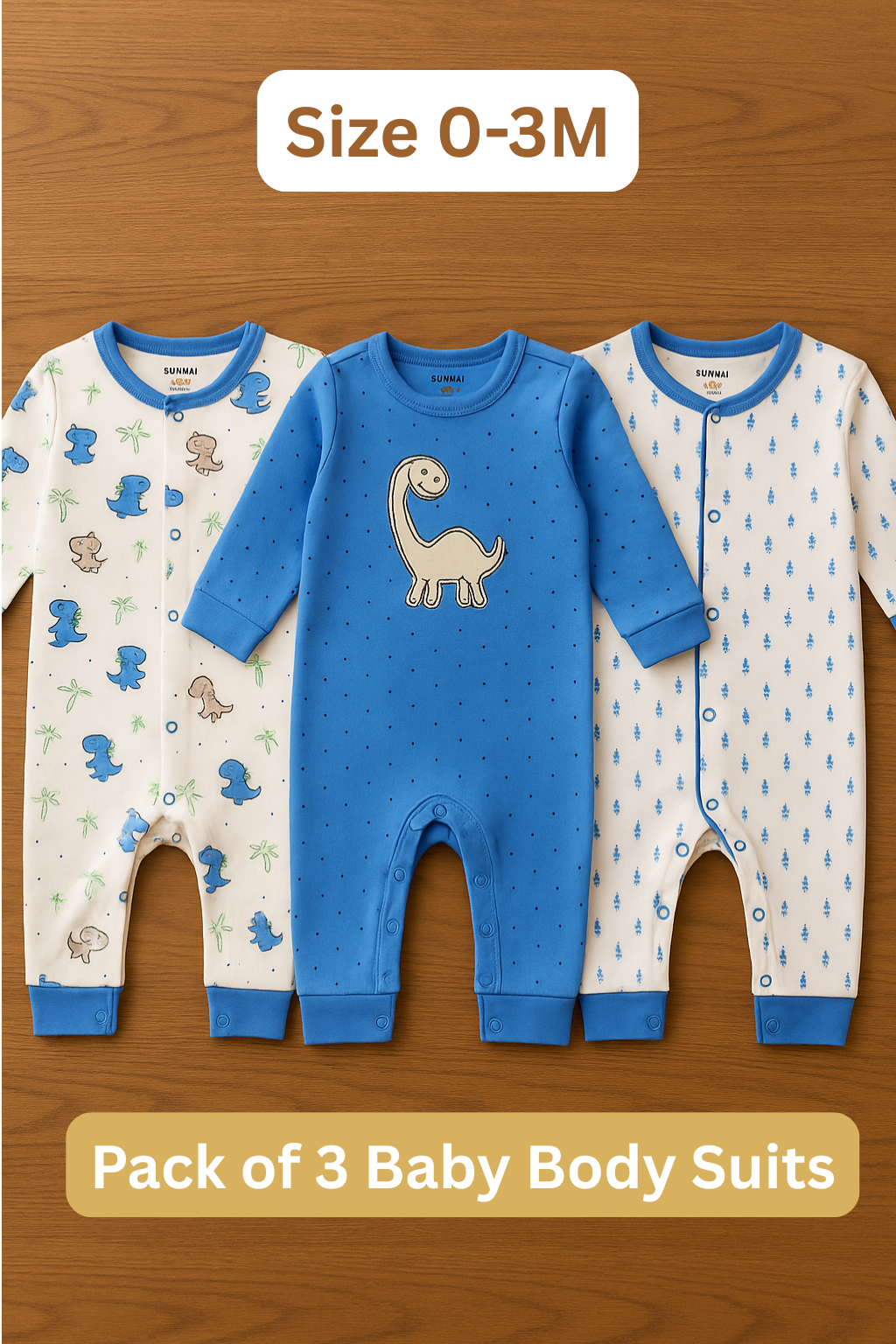 Sunnozy Dino Pack of 3 Body Suit 0-3M BLUE - Summer Fabric