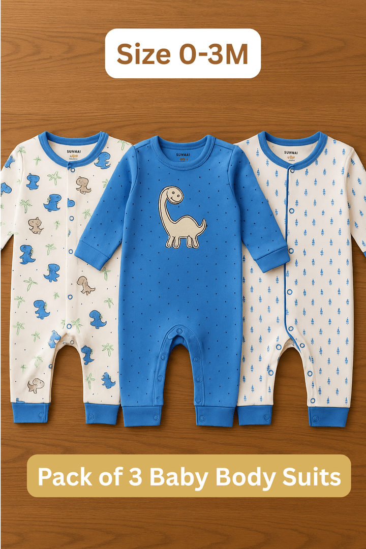 Sunnozy Dino Pack of 3 Body Suit 0-3M BLUE - Summer Fabric