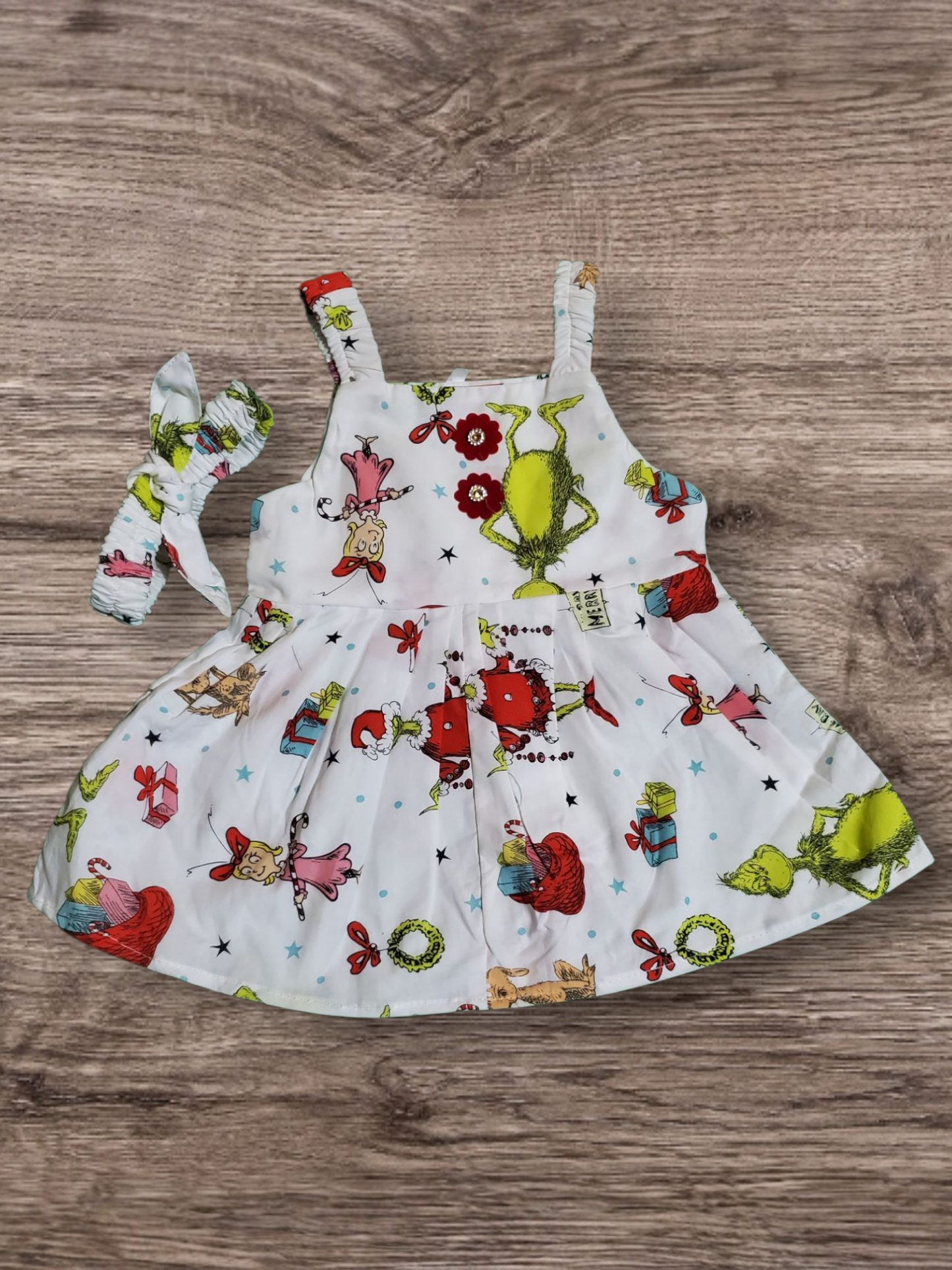 Grin Printed White Frock, shorts, headband