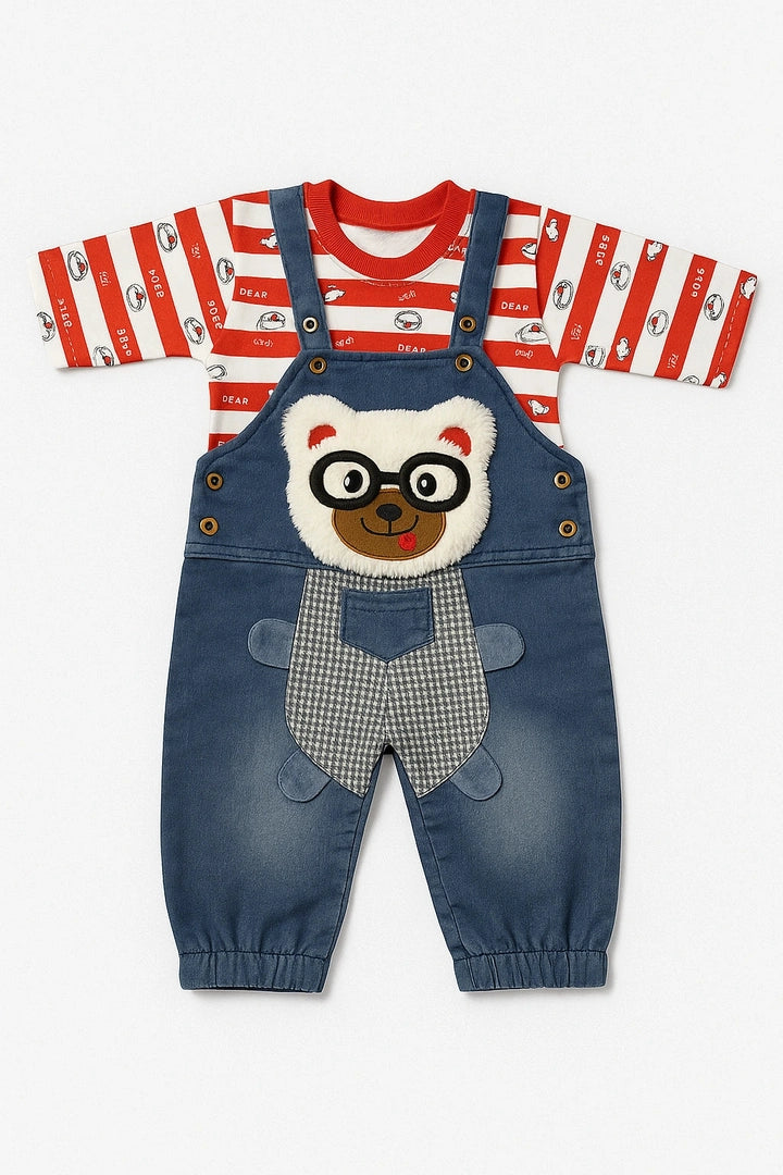 Nerdy Panda Red Shirt + Denim Romper - Winter Terry