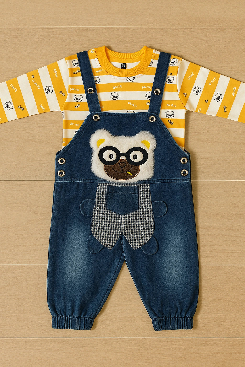 Nerdy Panda Orange Shirt + Denim Romper Suit - Summer Fabric