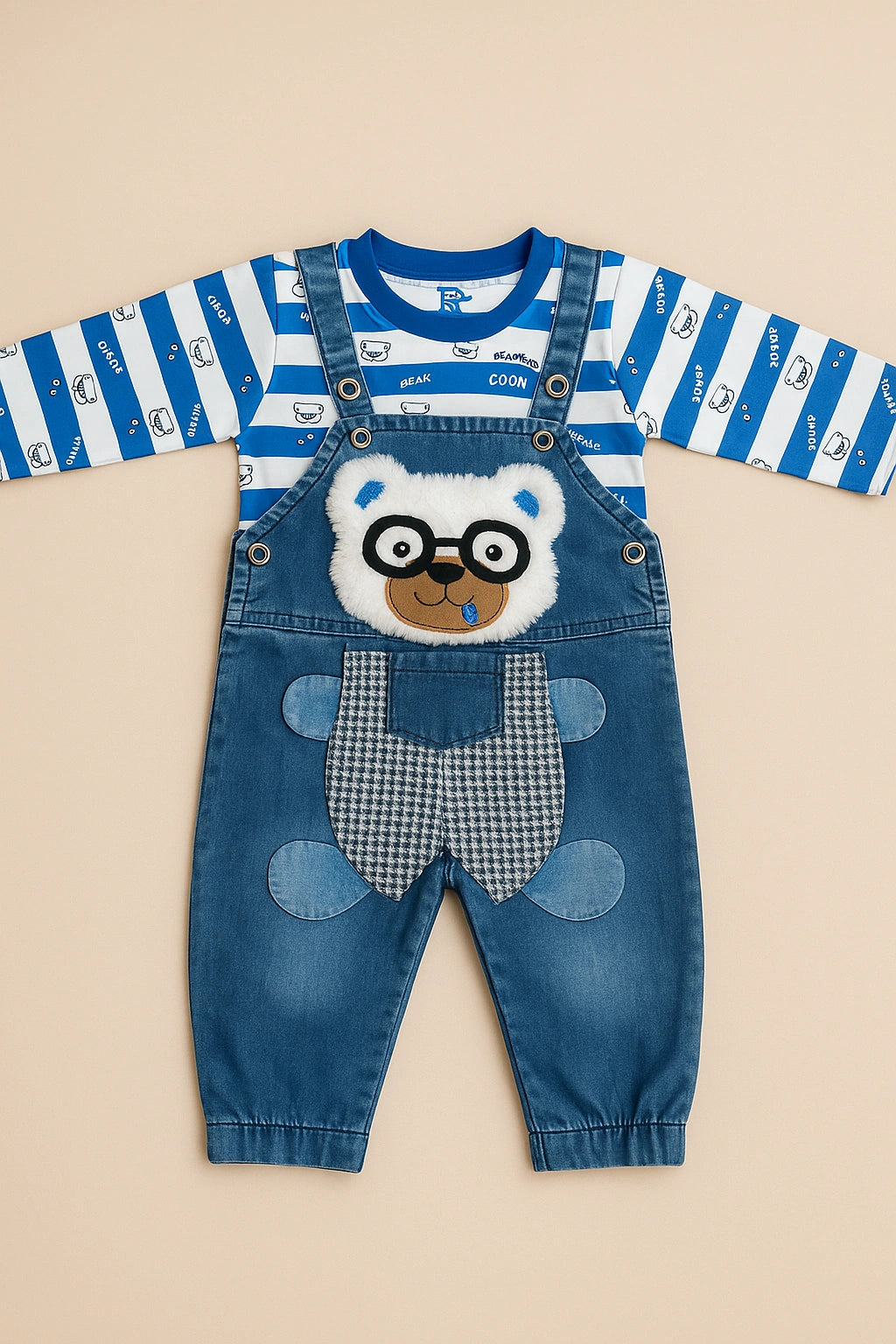 Nerdy Panda Blue Shirt + Denim Romper Suit - Summer Fabric