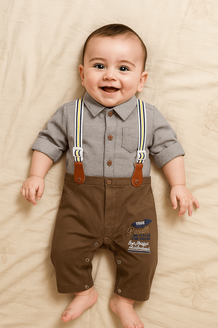 Suspender Suit Brown Grey Party Wear - Summer Fabric
