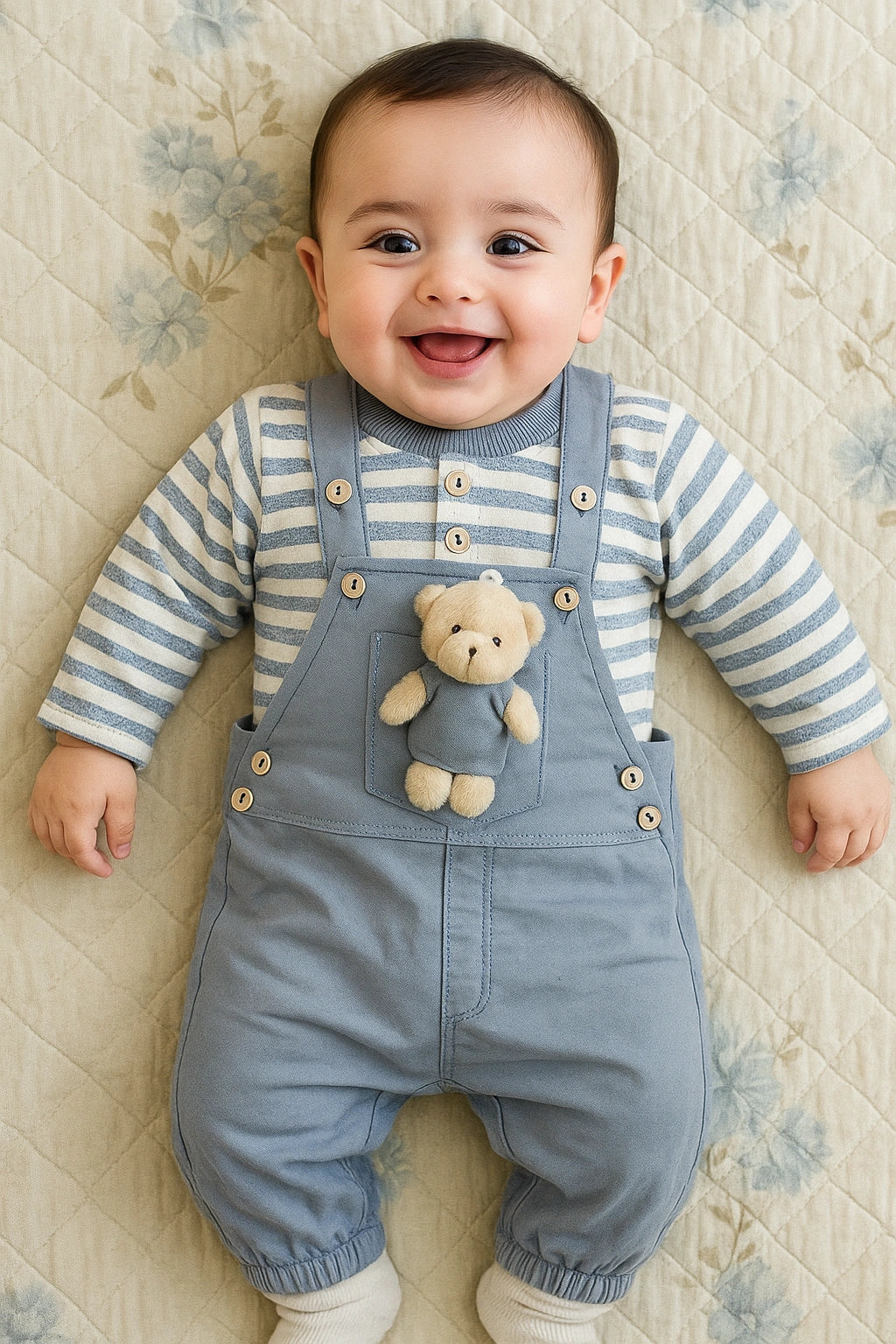 Teddy Bear Blue Romper Suit - Summer Fabric