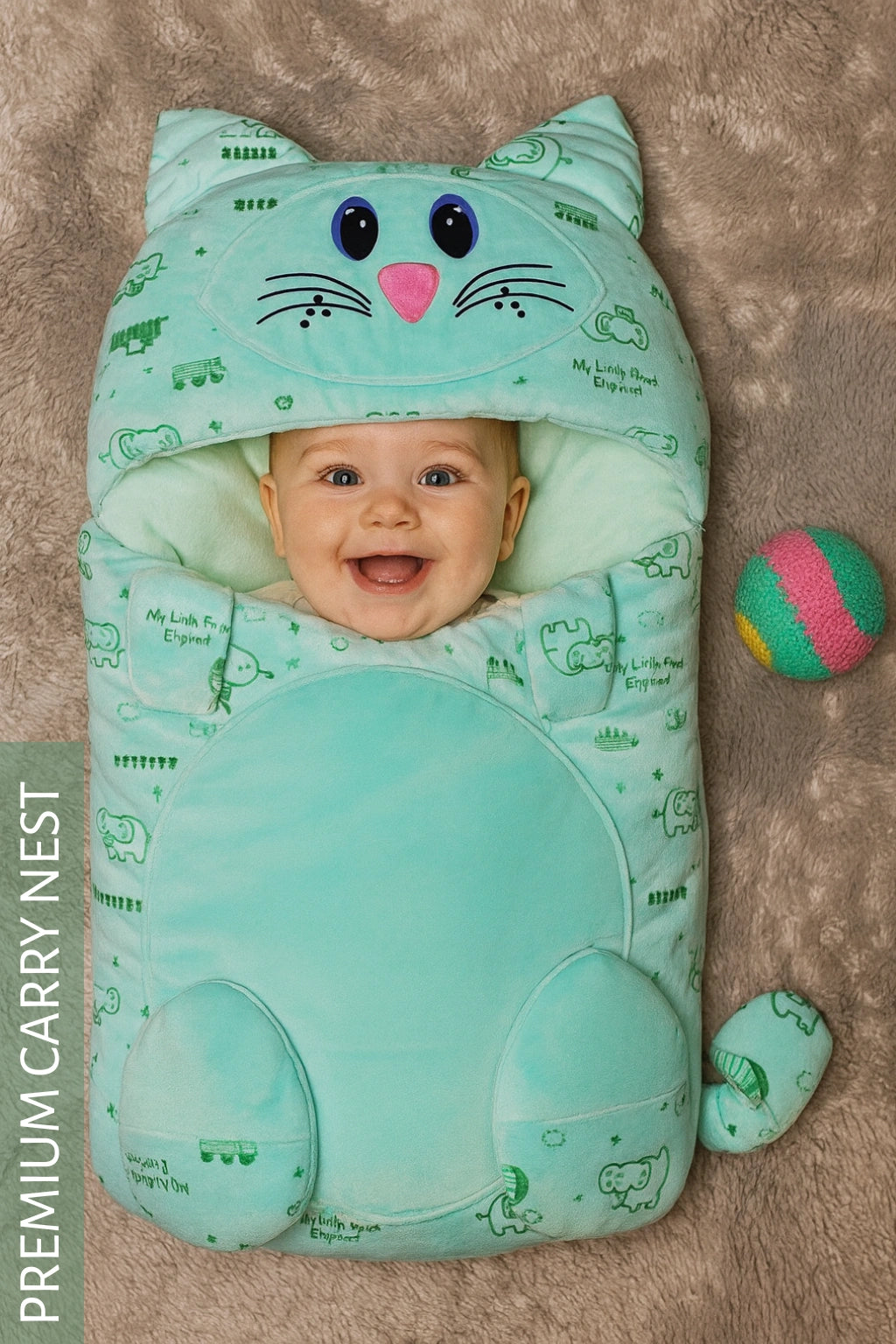 Cute CAT Sea Green Velvet CARRY NEST Set 0-6M