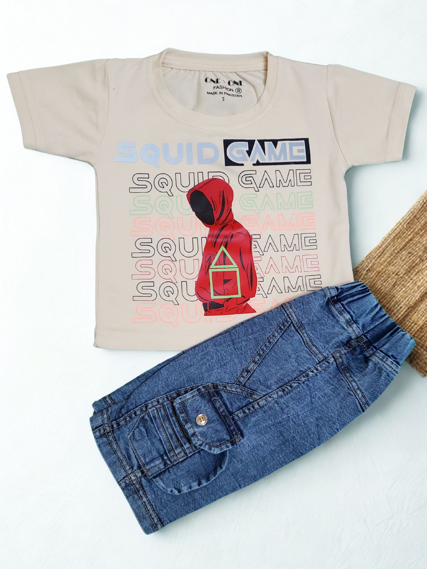 SQGame Blue Denim Short + Off Shirt Set