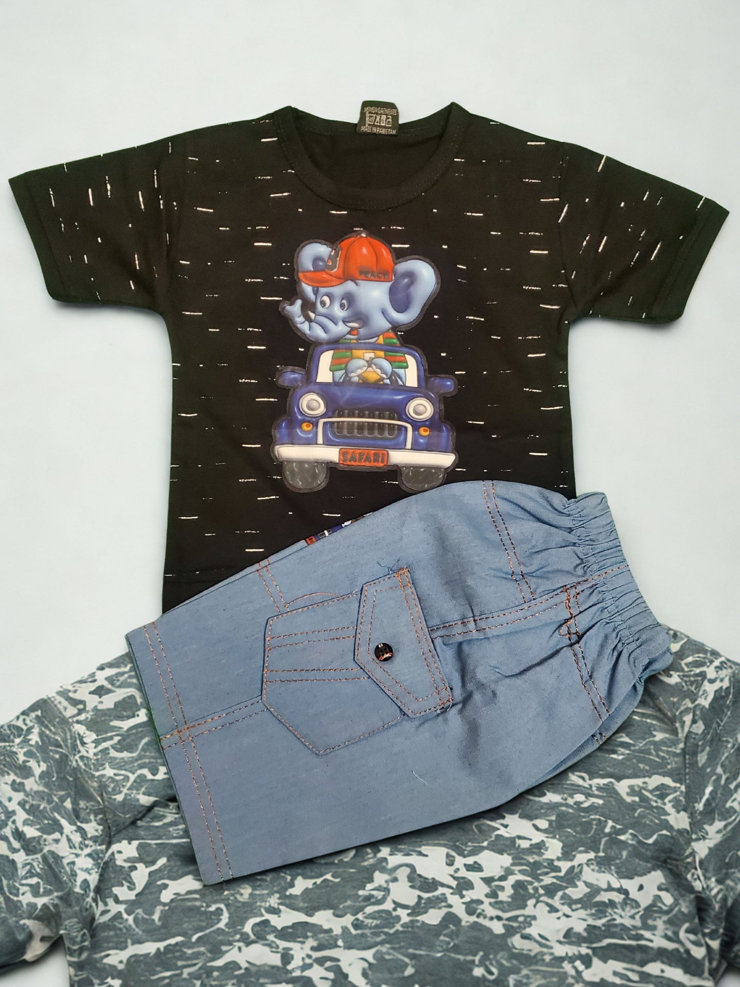 Ele on Car Blue Cotton Short + Black Shirt Set