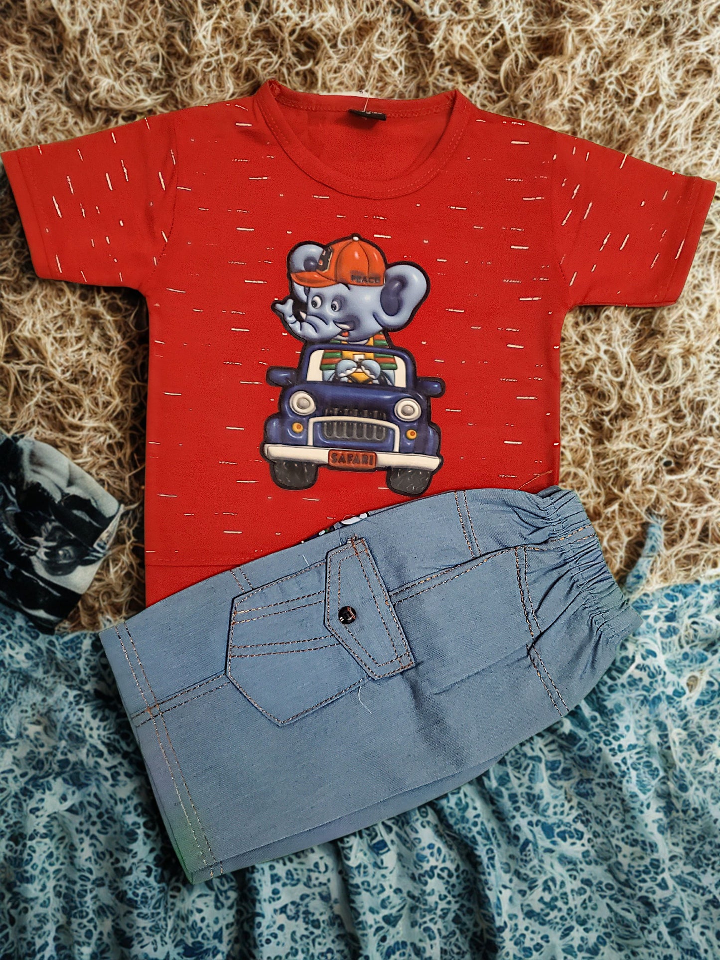 Ele on Car Blue Cotton Short + Red Shirt Set