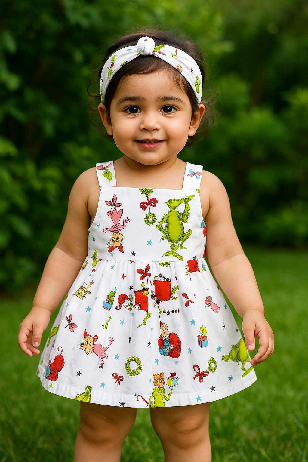 Grin Printed White Frock, shorts, headband