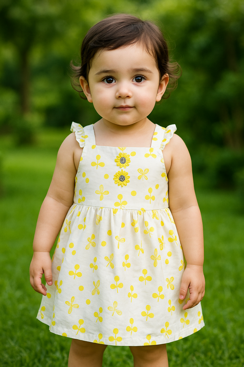 Yellow Flowered White Frock and Shorts