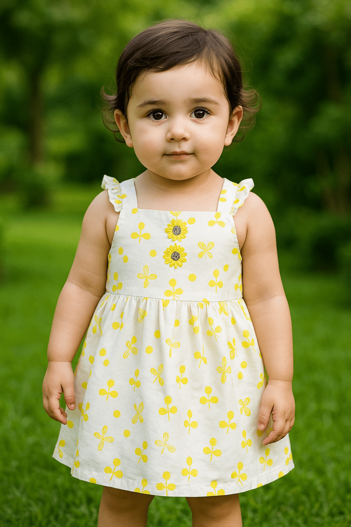Yellow Flowered White Frock and Shorts