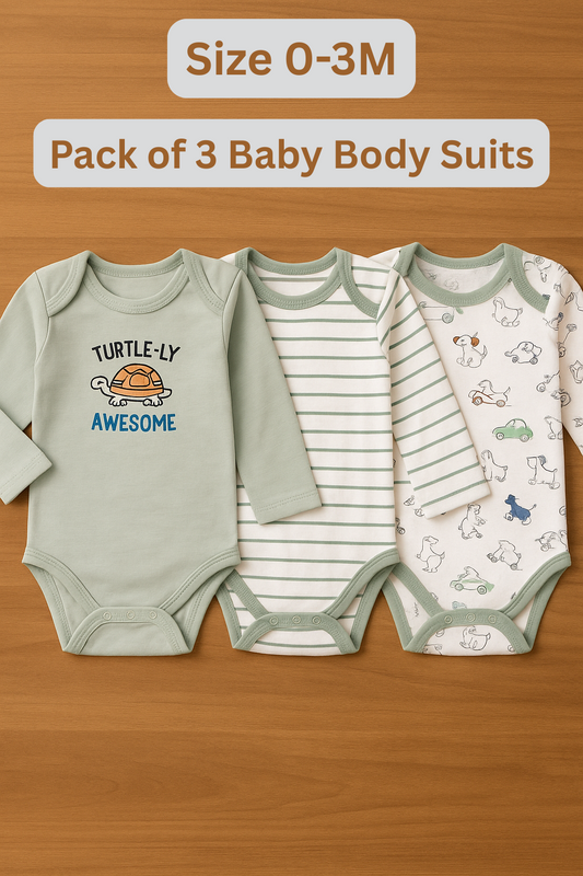Sunnozy Turtle Pack of 3 Body Suit 0-3M GREEN - Summer Fabric
