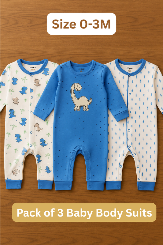 Sunnozy Dino Pack of 3 Body Suit 0-3M BLUE - Summer Fabric