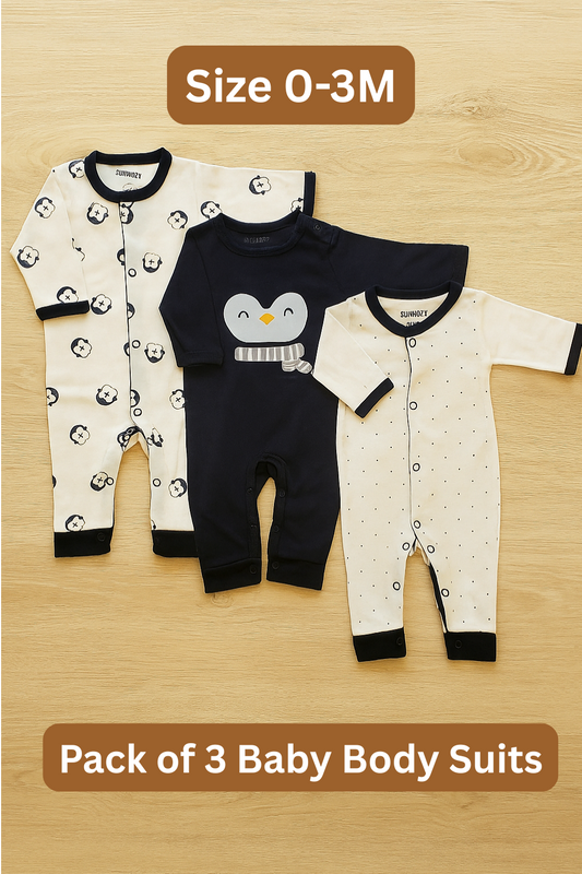Sunnozy Penguin Pack of 3 Body Suit 0-3M NAVY - Summer Fabric