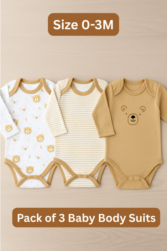 Sunnozy BEAR Pack of 3 Body Suit 0-3M Brown - Summer Fabric