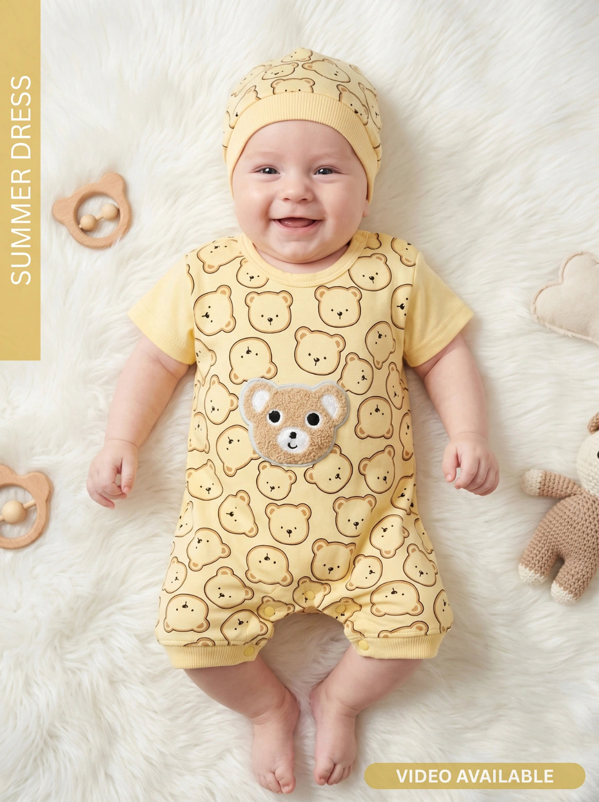 Cuddly Bear Romper & Cap Set YELLOW - SUMMER FABRIC