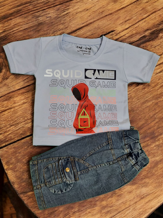SQGame Black Denim Short + Light Blue Shirt Set