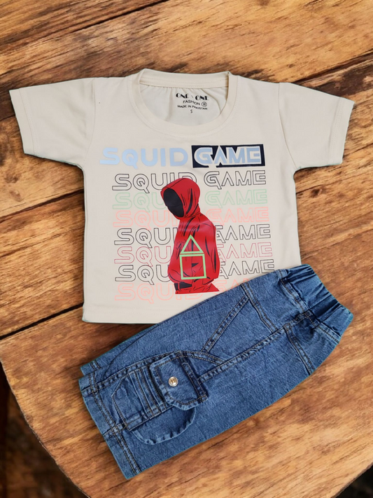 SQGame Blue Denim Short + Off Shirt Set