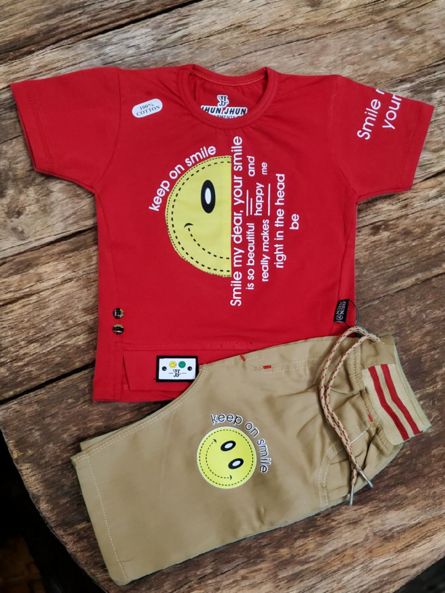 Keep on smile Camel Cotton Short + Red Shirt Set