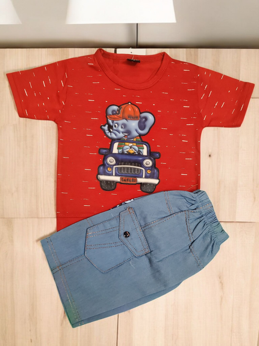 Ele on Car Blue Cotton Short + Red Shirt Set