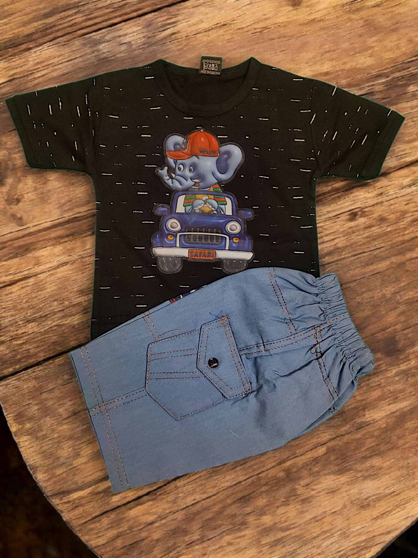 Ele on Car Blue Cotton Short + Black Shirt Set
