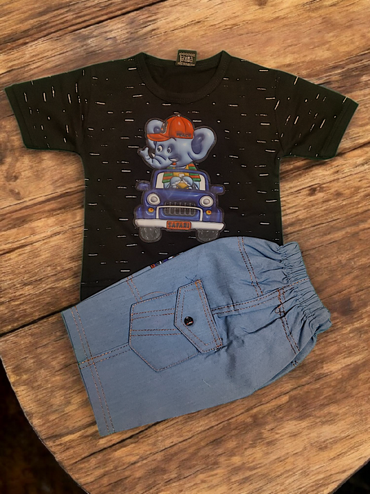 Ele on Car Blue Cotton Short + Black Shirt Set