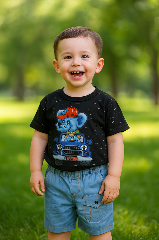 Ele on Car Blue Cotton Short + Black Shirt Set