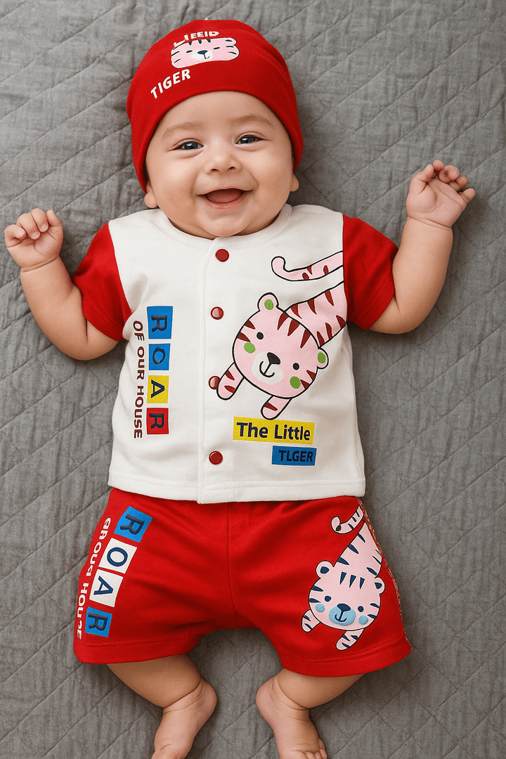 Little Tiger Red White Shirt, Short + Cap