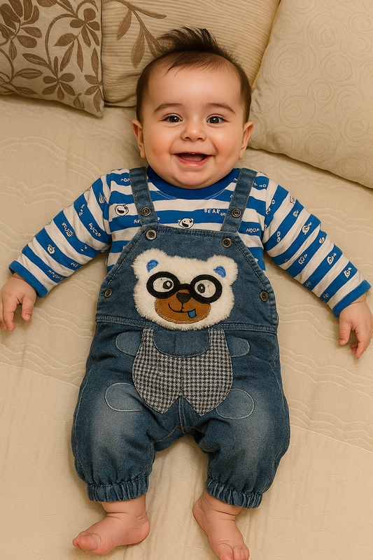 Nerdy Panda Blue Shirt + Denim Romper Suit - Summer Fabric