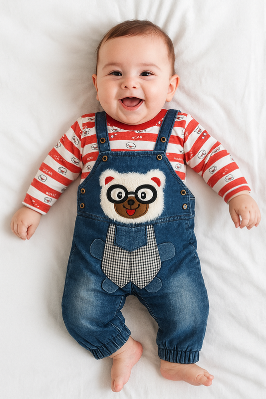 Nerdy Panda Red Shirt + Denim Romper Suit - Summer Fabric