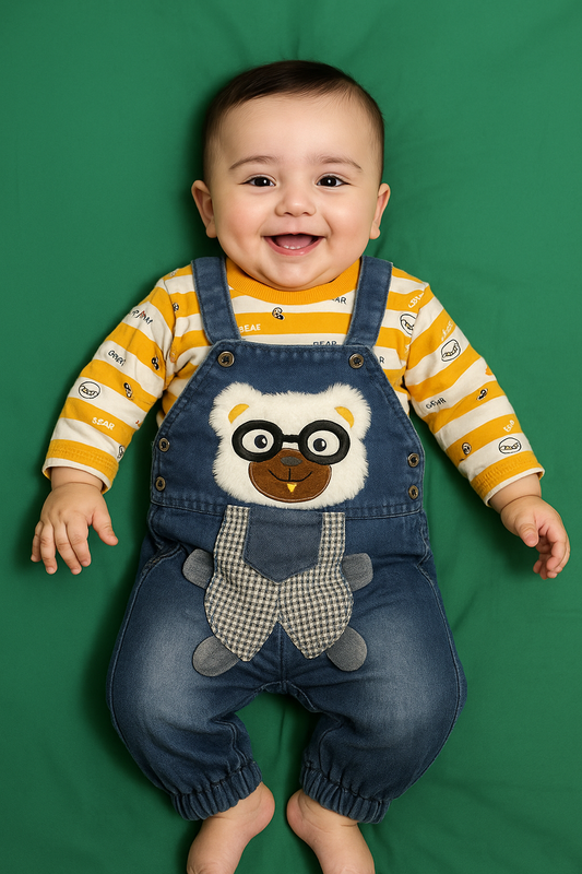 Nerdy Panda Orange Shirt + Denim Romper Suit - Summer Fabric