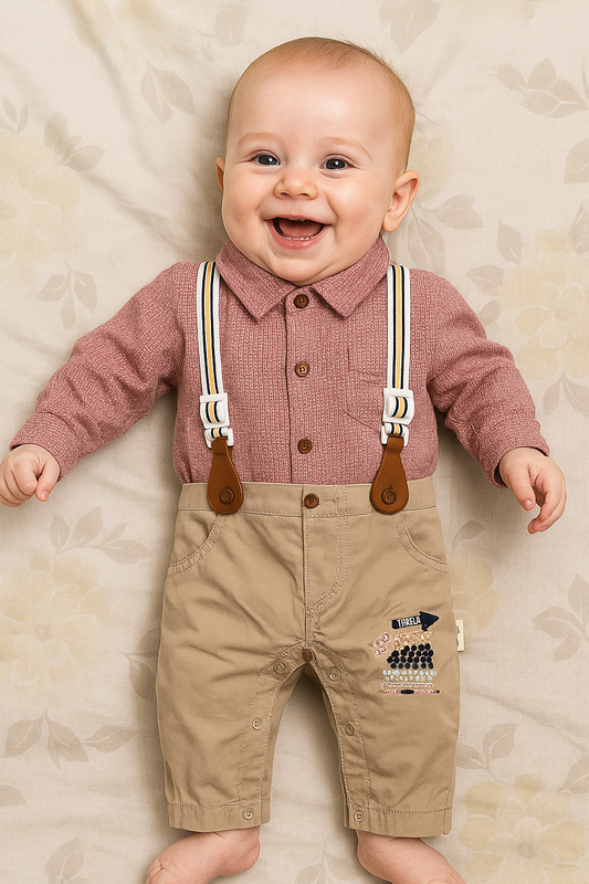 Suspender Suit Beige Party Wear - Summer Fabric