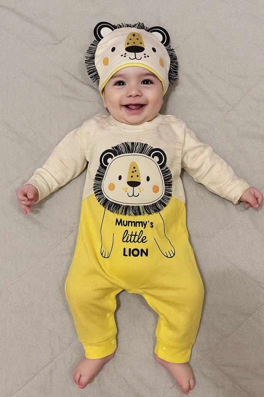Mommy Little Lion 0-3M Yellow Romper Suit + Cap - Summer Fabric