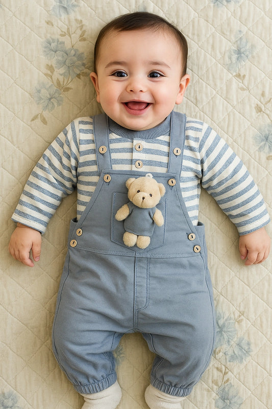 Teddy Bear Blue Romper Suit - Summer Fabric