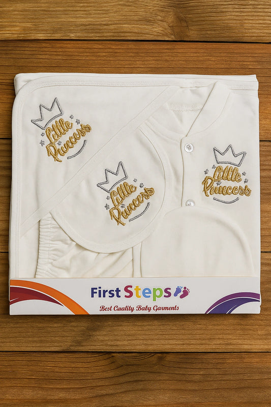 LITTLE PRINCESS 0-3M White Gold 5 Piece Gift Set - Summer Fabric