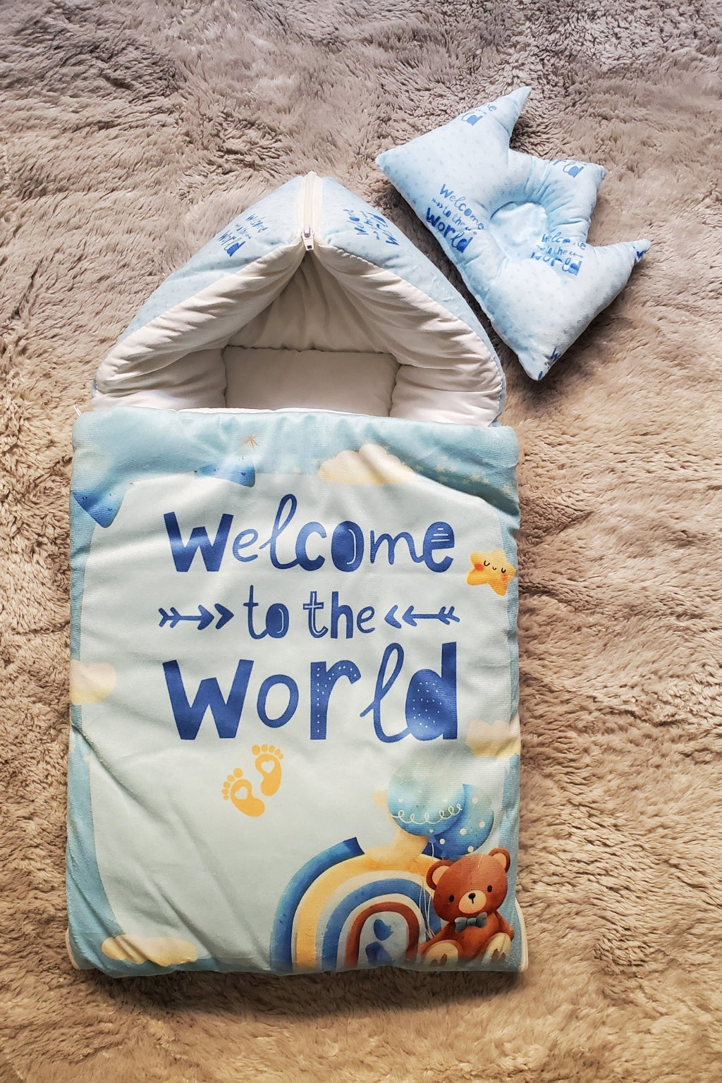 Welcome BLUE Velvet CARRY NEST Set 0-6M