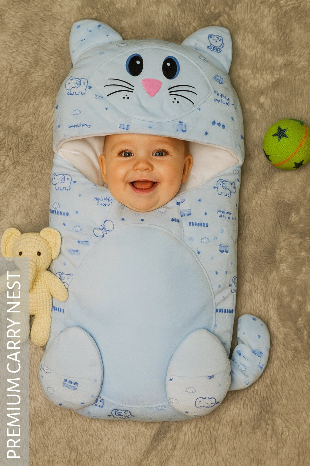 Cute CAT Sky Blue Velvet CARRY NEST Set 0-6M