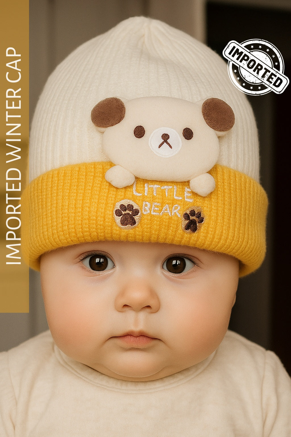 Imported BEAR Cap 0-9M YELLOW - Winter Comforter