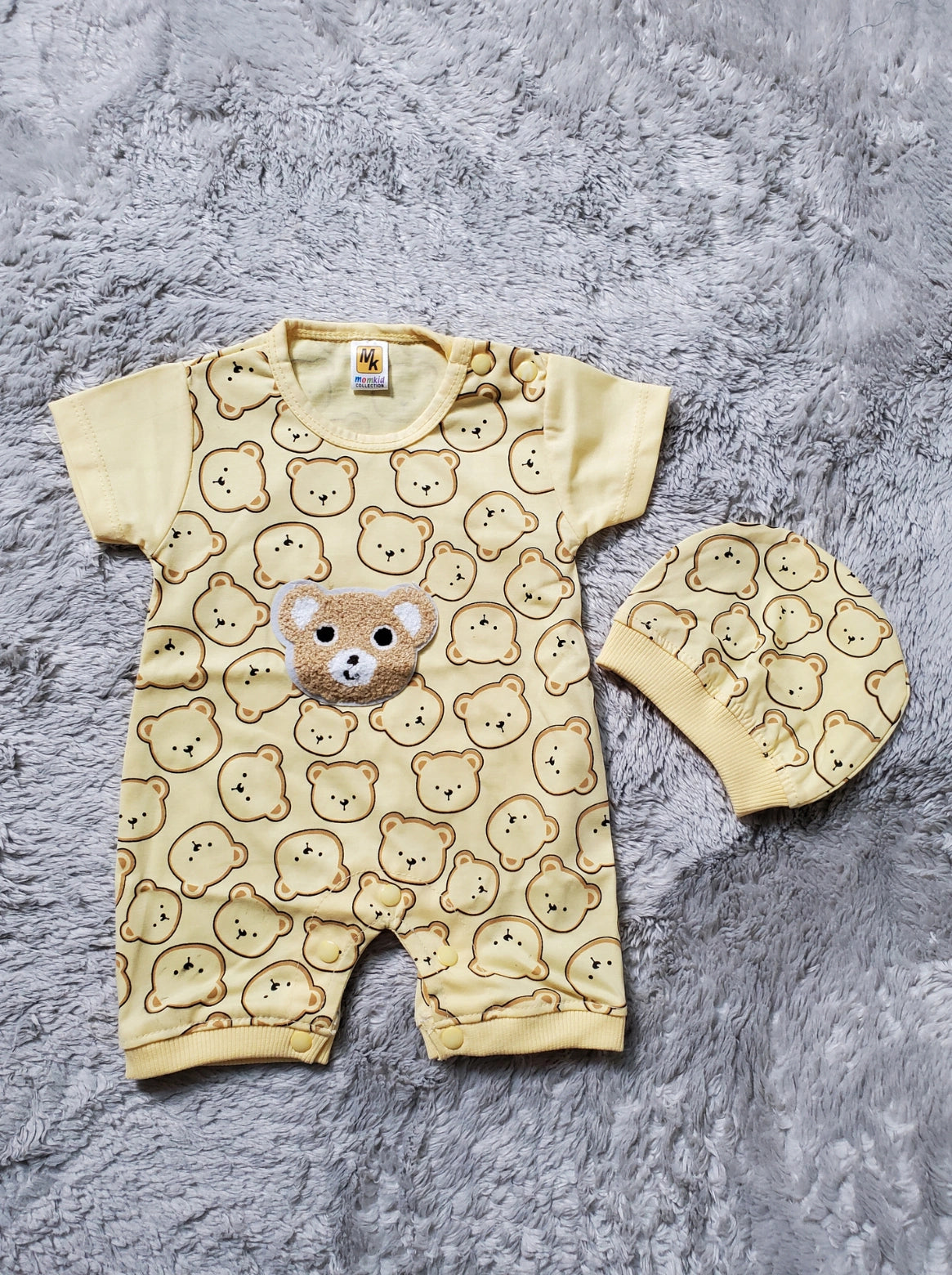 Cuddly Bear Romper & Cap Set YELLOW - SUMMER FABRIC