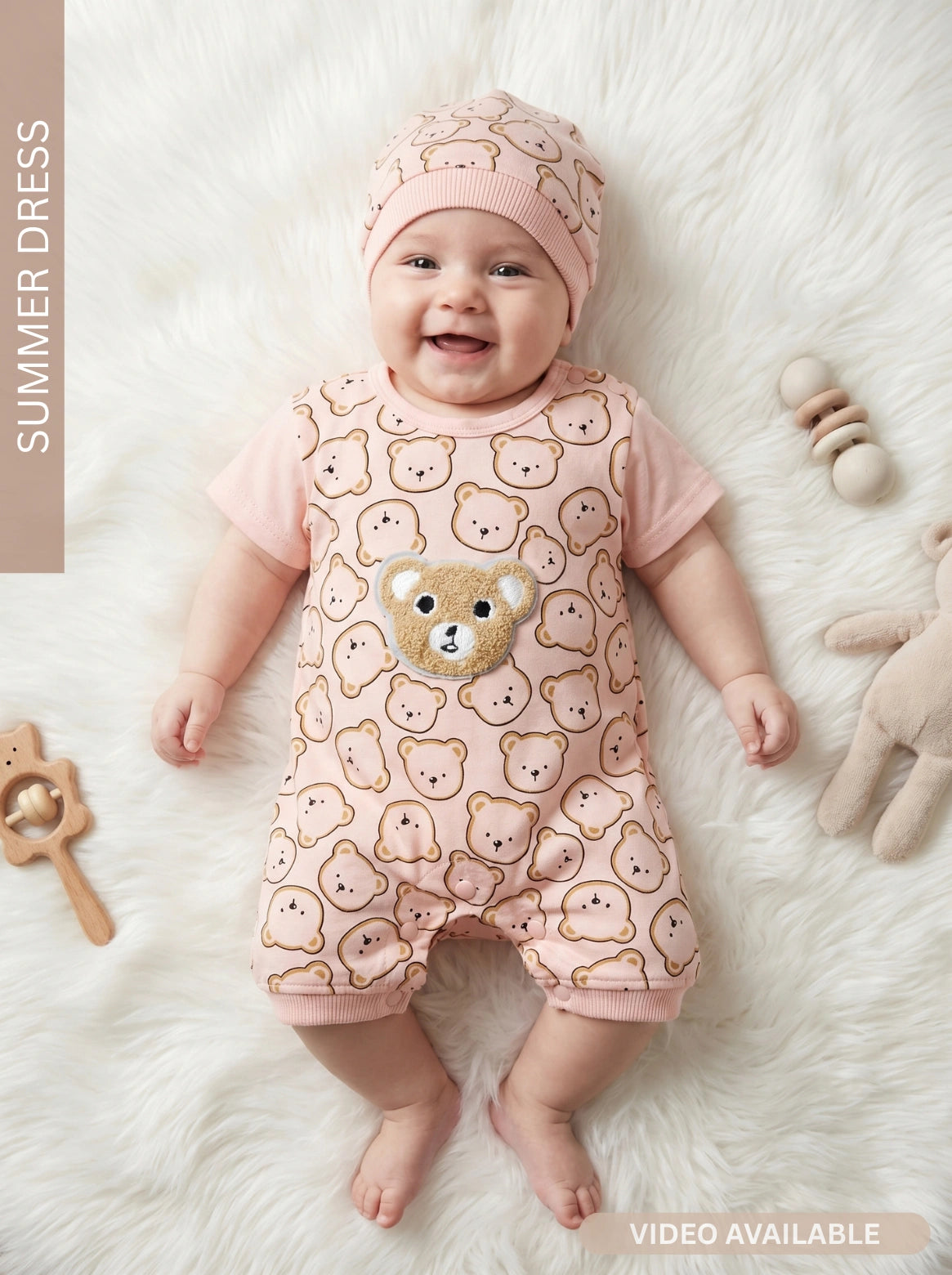 Cuddly Bear Romper & Cap Set PEACH - SUMMER FABRIC