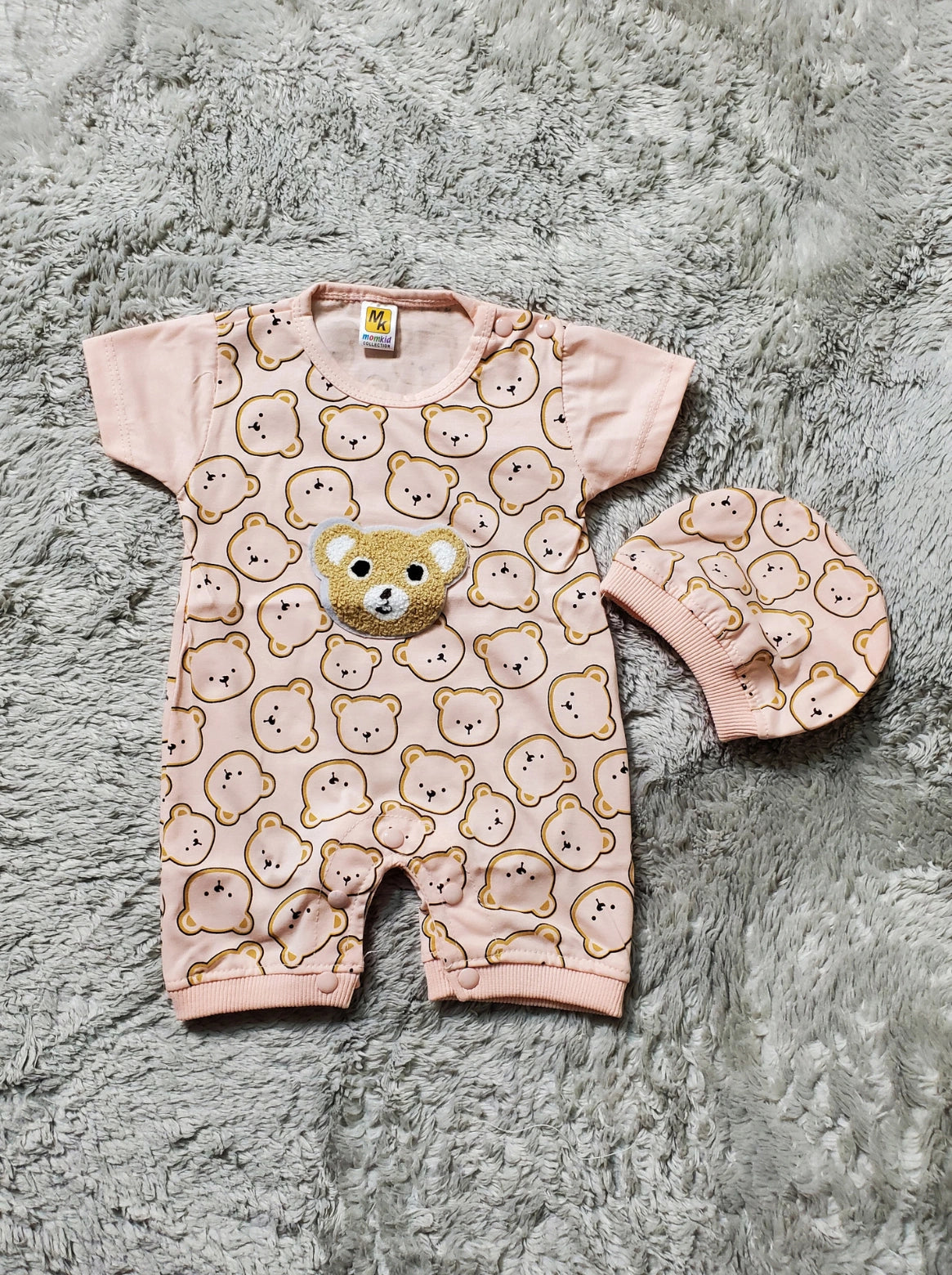 Cuddly Bear Romper & Cap Set PEACH - SUMMER FABRIC