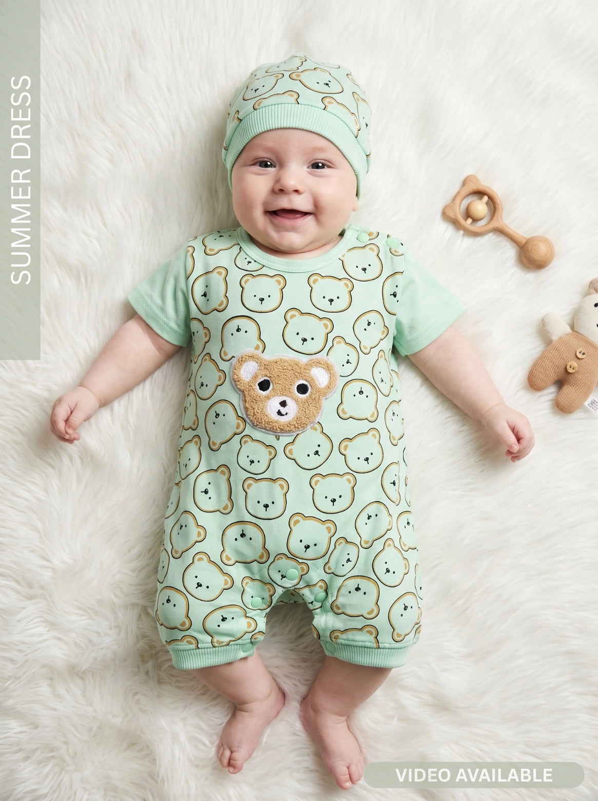 Cuddly Bear Romper & Cap Set GREEN - SUMMER FABRIC