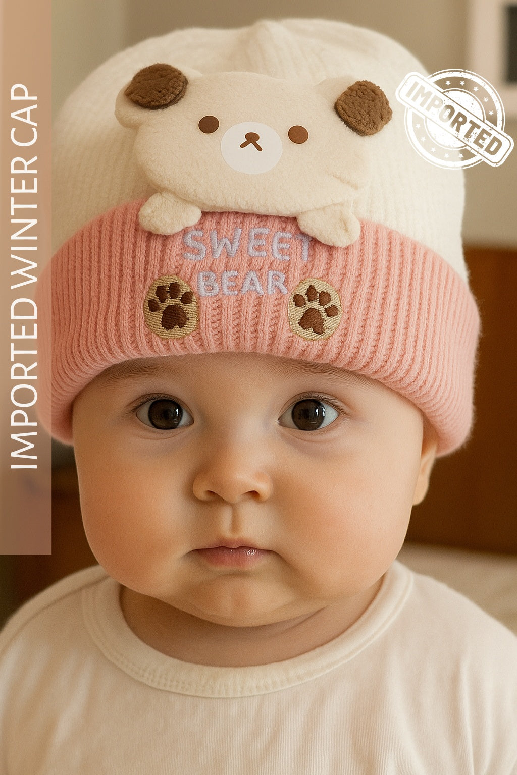 Imported BEAR Cap 0-9M PINK - Winter Comforter