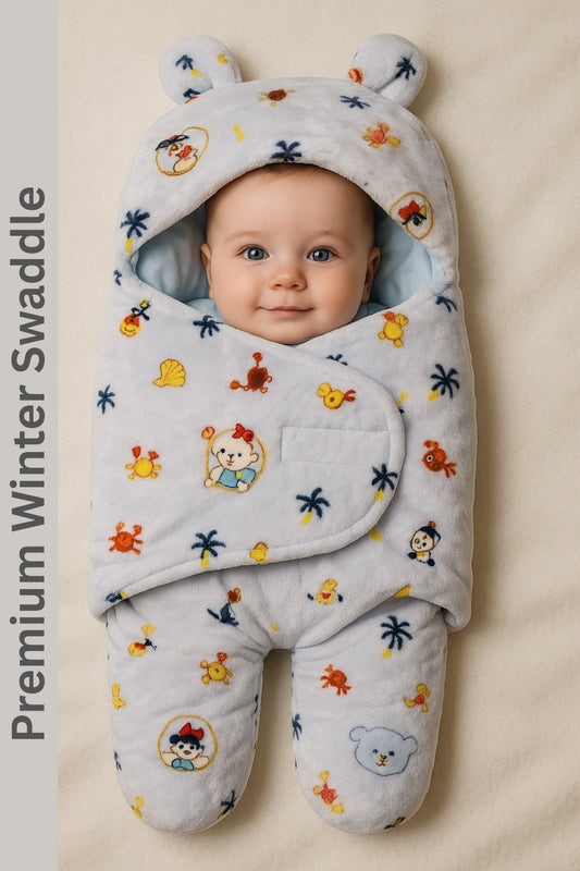 Premium Winter Swaddle Steel Blue Velvet 0-9M Baby