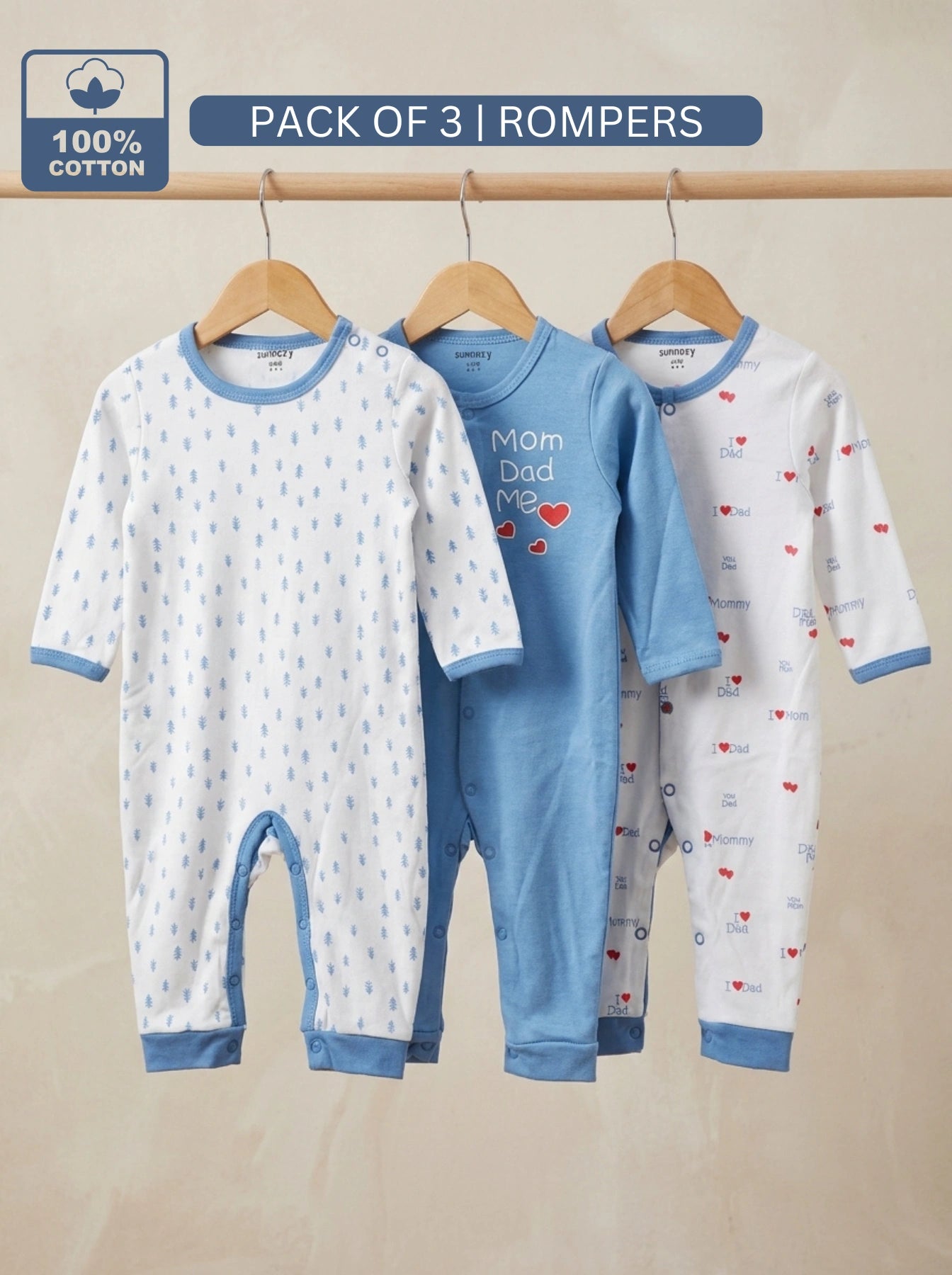 Sunnozy MOM DAD Pack of 3 Rompers - Summer Fabric