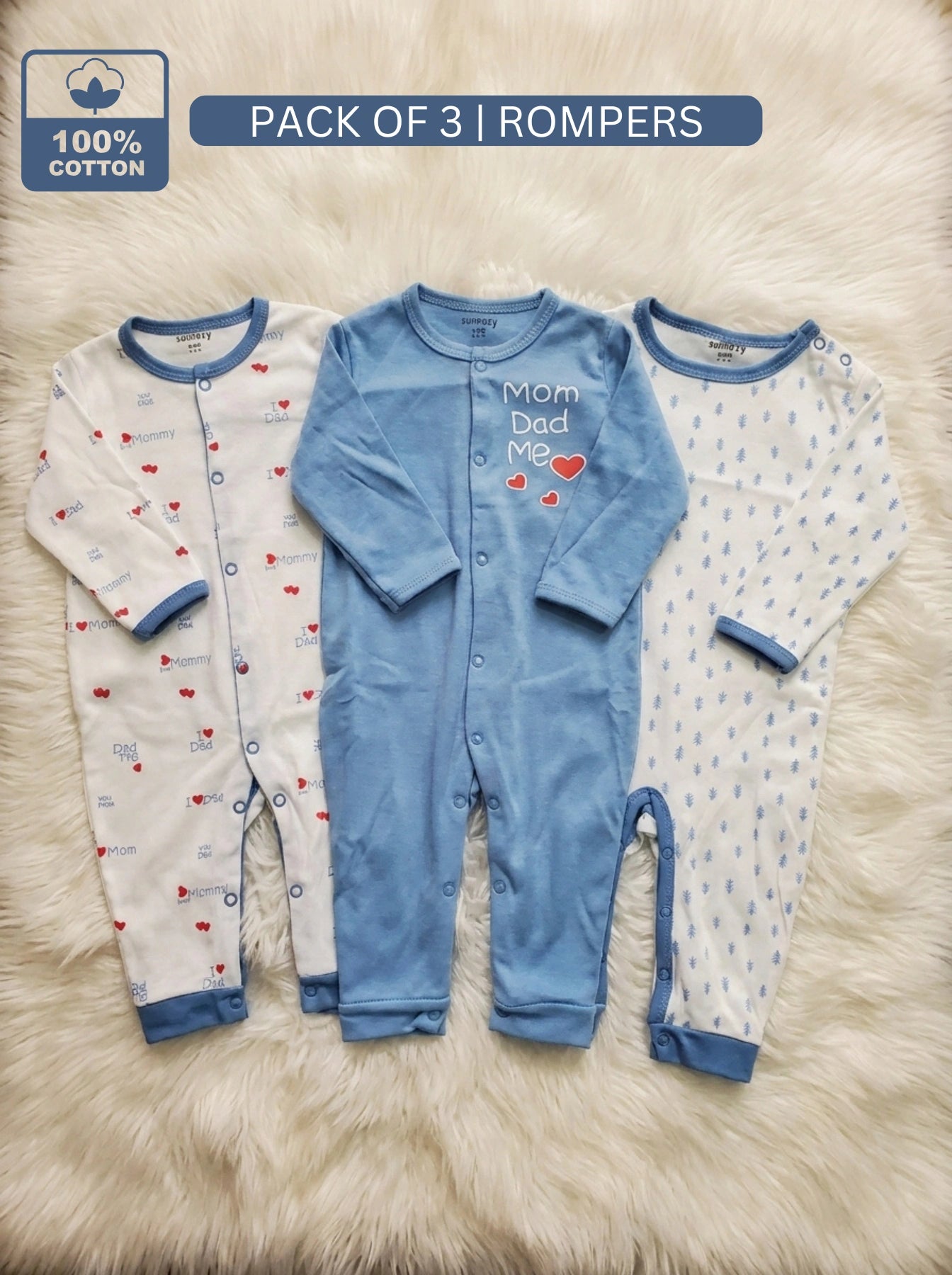 Sunnozy MOM DAD Pack of 3 Rompers - Summer Fabric