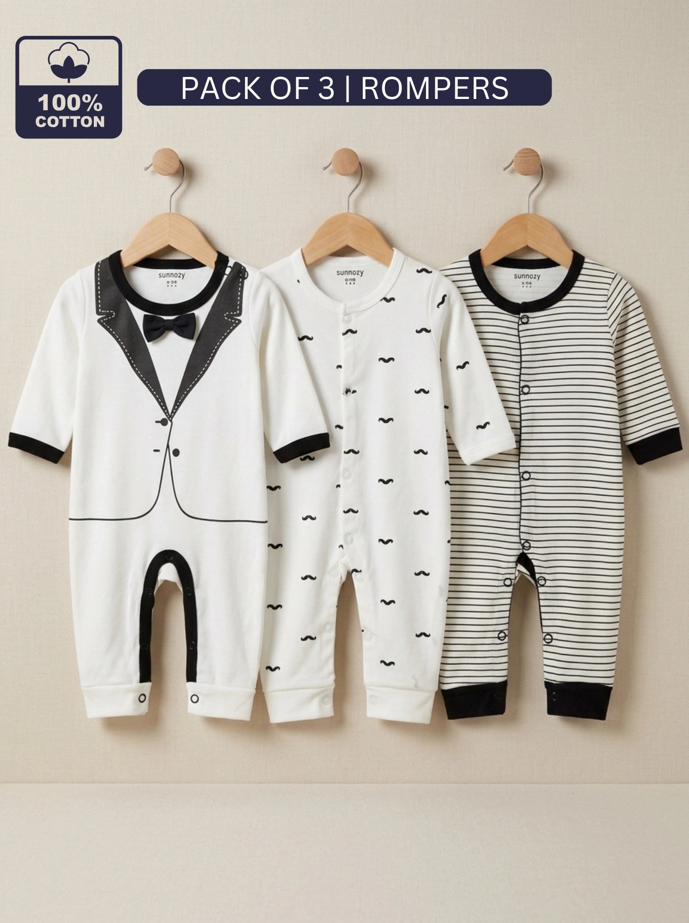 Sunnozy Tuxedo Pack of 3 Rompers - Summer Fabric